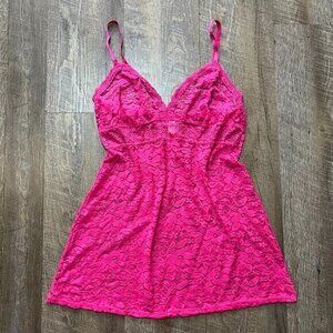 2000s Y2k Gilligan Hot‎ PInk Babydoll Lace Mesh Sheer Mini Slip/Cami Womens M